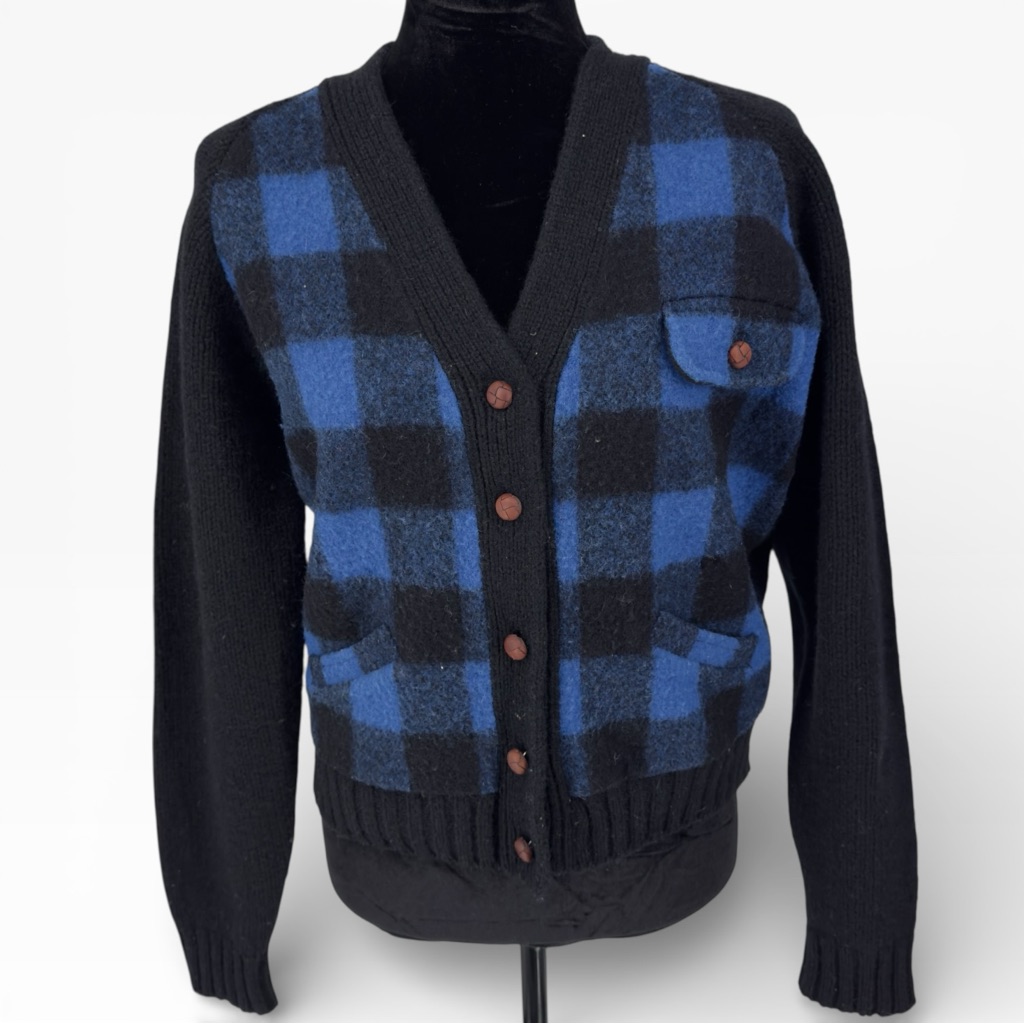 Vtg Ralph Lauren Blue Label 100% Wool Cardigan Blue Buffalo Plaid Women's M